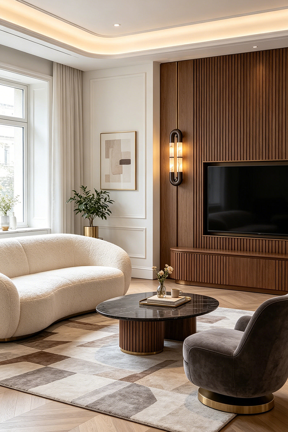 Evadne Alabaster Link Wall Sconce | Alabaster, Metal | Mounted on a rich wood slat accent wall in a modern living room next to a television screen and a cream curved sofa | vexa lamps