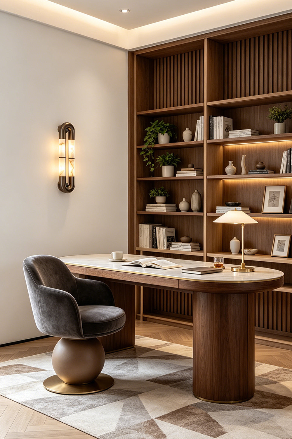 Evadne Alabaster Link Wall Sconce | Alabaster, Metal | Staged interior view of the modern pill-shaped stone sconce illuminated in a home study space next to a dark wood bookcase | vexa lamps