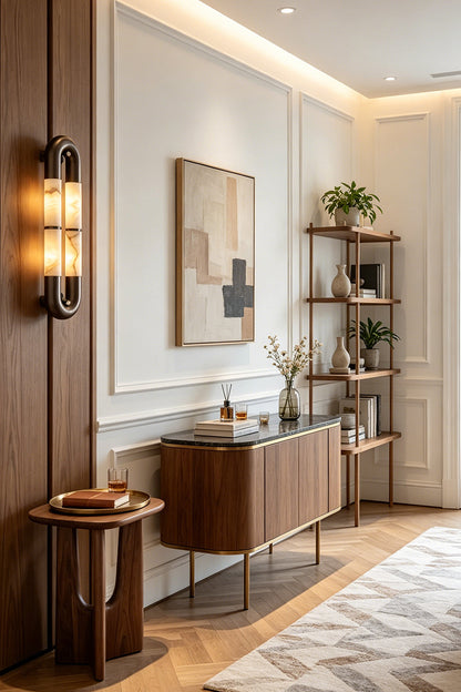 Evadne Alabaster Link Wall Sconce | Alabaster, Metal | Placed as a luxury wall accent light in a refined residential hallway next to a wooden credenza sideboard cabinet | vexa lamps