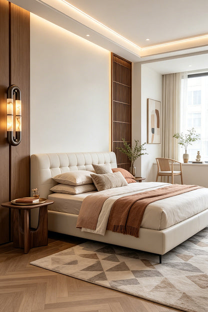 Evadne Alabaster Link Wall Sconce | Alabaster, Metal | Installed as a cozy bedside lamp on a wood vertical column next to a contemporary platform bed with warm toned bedding | vexa lamps