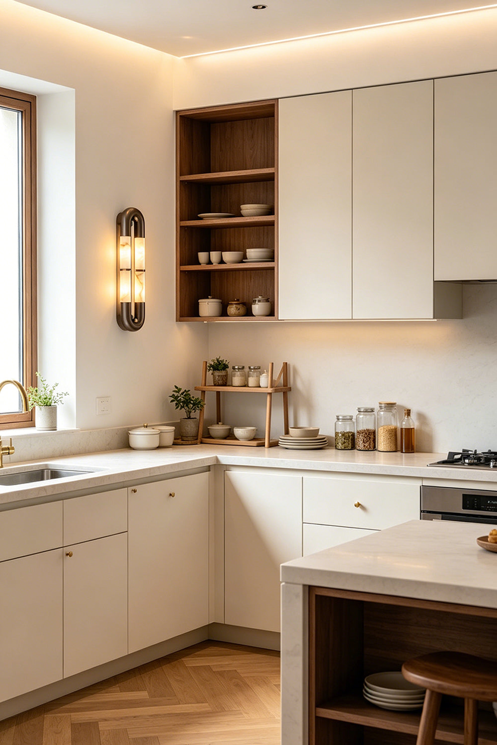 Evadne Alabaster Link Wall Sconce | Alabaster, Metal | Emitting a golden glow on a kitchen wall next to modern minimalist off-white cabinetry and wooden countertops | vexa lamps