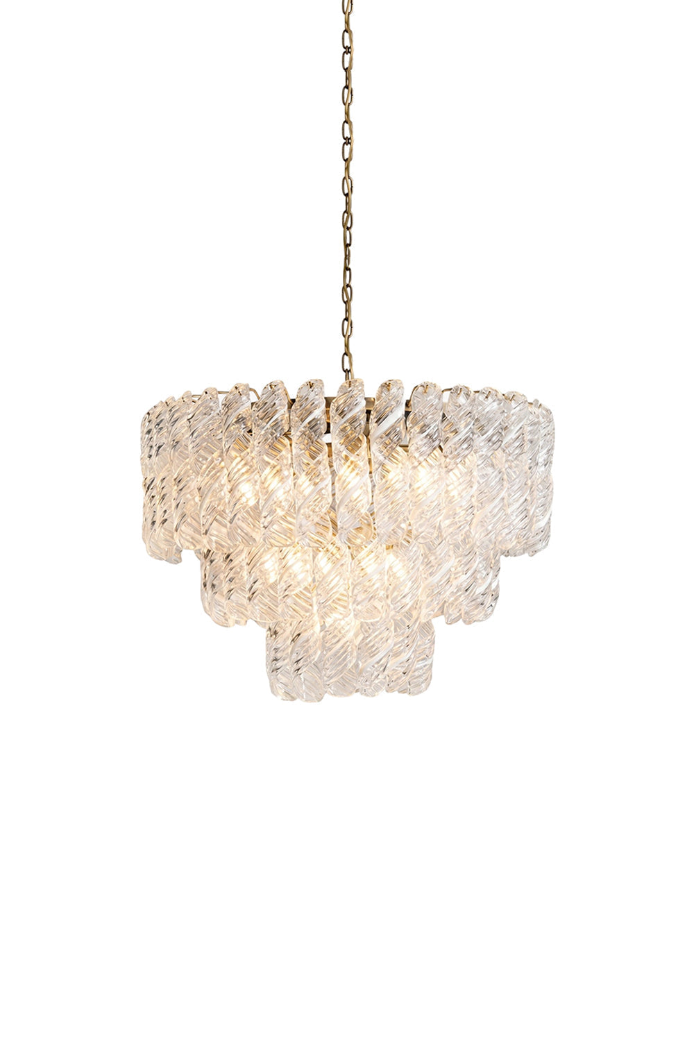 Evangeline Tiered Twisted Glass Chandelier | Twisted Glass, Metal | Isolated lit view of a luxury multi-tiered round chandelier featuring rows of cascading clear twisted glass rods hanging symmetrically | White background | vexa lamps