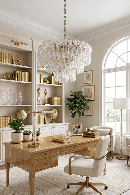 Evangeline Tiered Twisted Glass Chandelier | Study Room Light | Staged beautifully as a luxury ceiling light fixture in an upscale workspace above a wooden table and leather executive chair | vexa lamps
