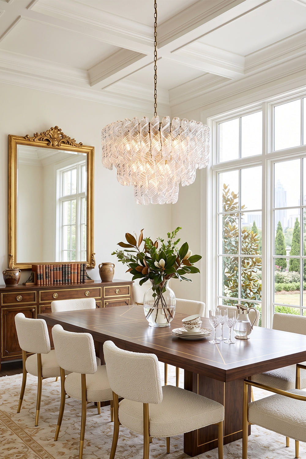 Evangeline Tiered Twisted Glass Chandelier | Dining Room Light | Hanging elegantly as a centerpiece over a long wooden dining table and white upholstered chairs in a classical bright dining space | vexa lamps