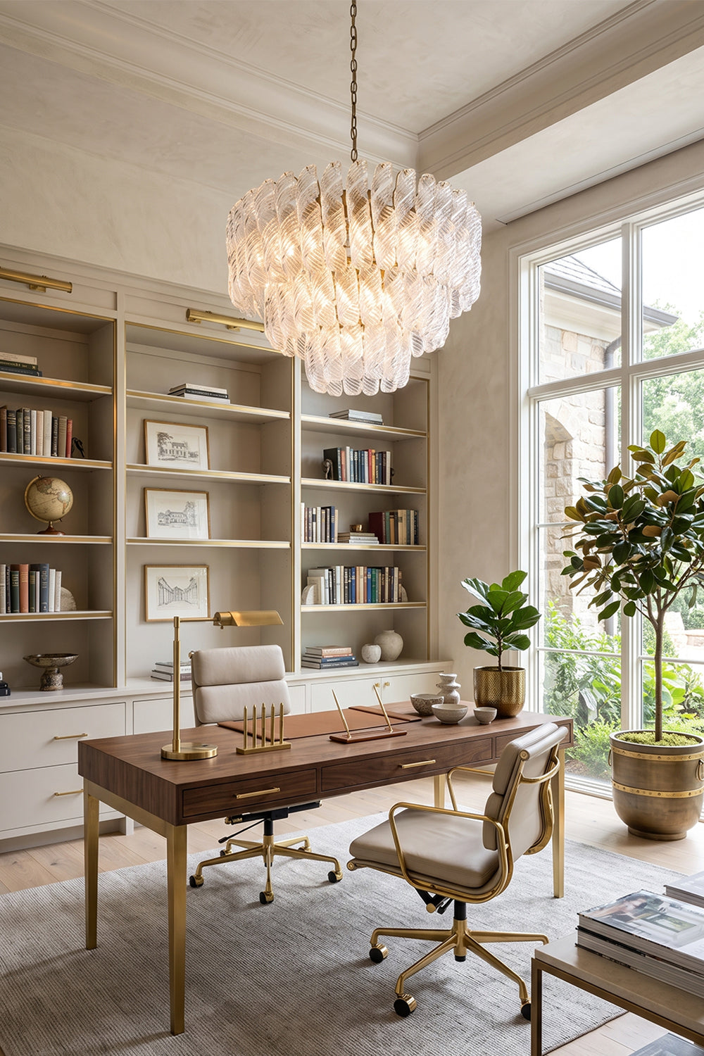 Evangeline Tiered Twisted Glass Chandelier | Home Office Lighting | Providing warm ambient illumination above a traditional wooden desk in a refined home study with floor-to-ceiling bookshelves | vexa lamps