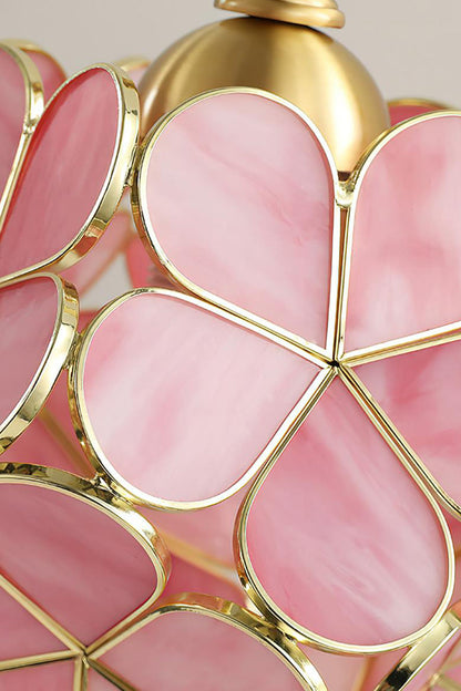 Evanthe Blossom Stained Glass Table Lamp | Stained Glass, Metal | Macro close-up view highlighting the detailed gold metal wire welding around the individual smooth pink glass flower petals | Detail shot | vexa lamps