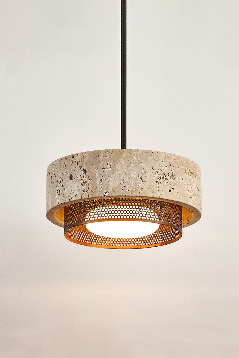 Evora Travertine Pendant Light showcasing a beige travertine stone design with a perforated metal diffuser.