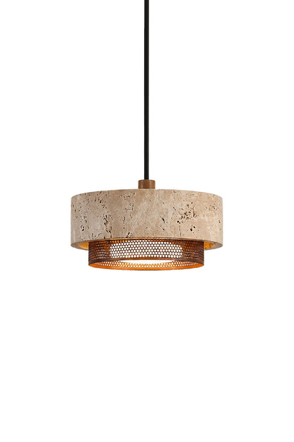 Evora Travertine Pendant Light featuring beige travertine stone and a metal diffuser for an industrial organic look.