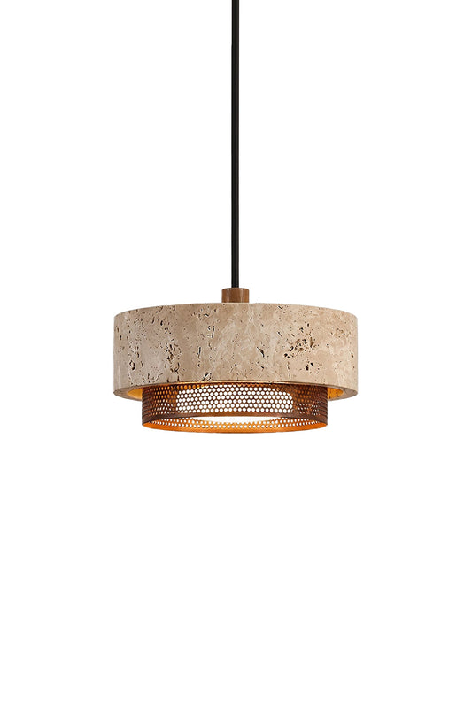 Evora Travertine Pendant Light featuring beige travertine stone and a metal diffuser for an industrial organic look.