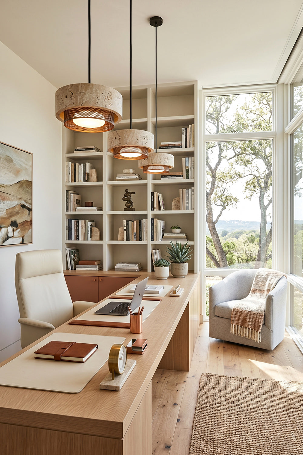 Evora Travertine Pendant Light illuminating a modern office with wood accents and large windows.
