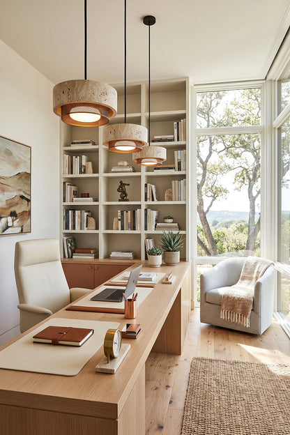 Evora Travertine Pendant Light illuminating a modern office with wood accents and large windows.
