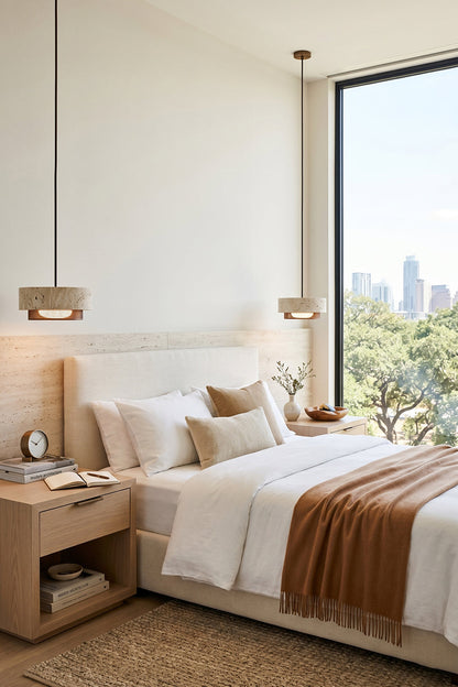 Evora Travertine Pendant Light illuminating a modern bedroom with large windows and natural decor.