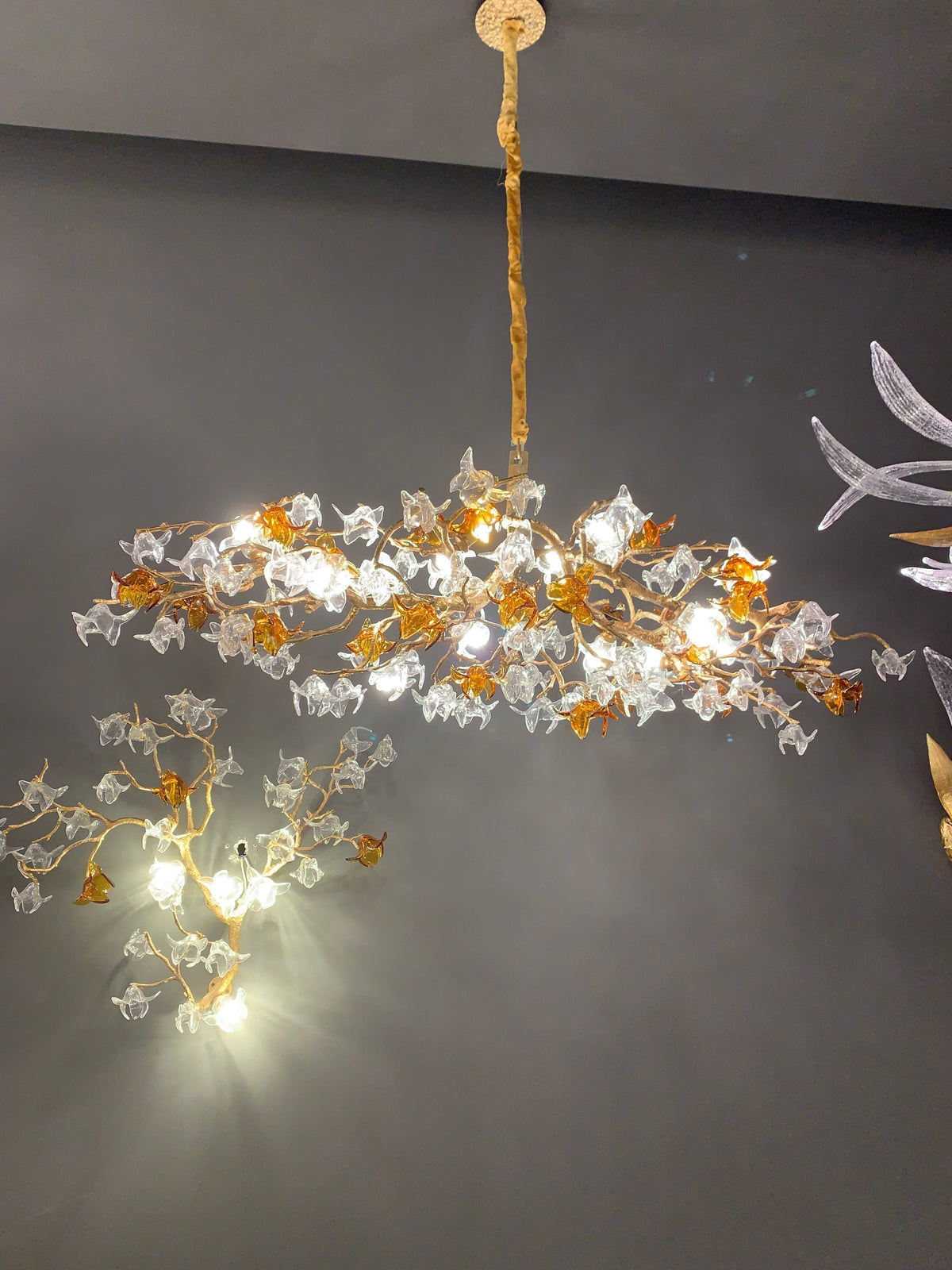 Designer Favorite Brass Branch Chandelier with Artistic Flower Glass for Dining Room Living Room and Kitchen Island