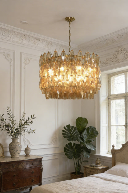 Large faceted amber glass chandelier | Metal, Glass | Installed in a classic bedroom above a bed | vexa lamps
