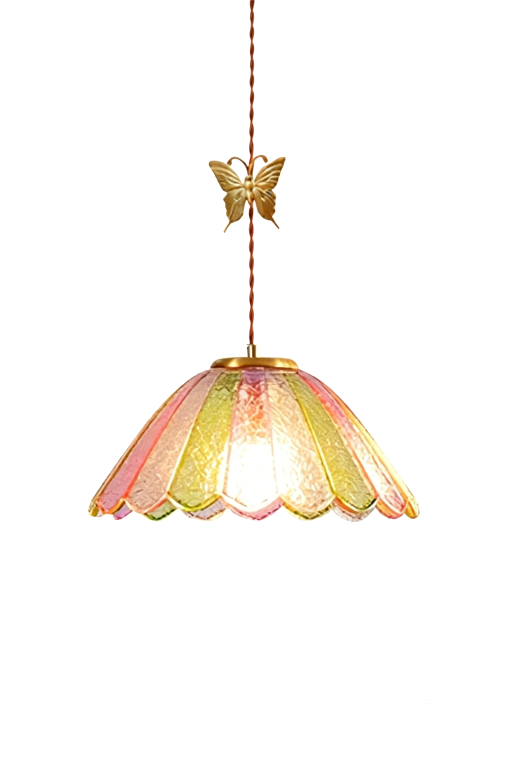 Faye Pastel Scalloped Glass Pendant Lamp | Glass, Metal | Vintage-style scalloped pastel textured glass pendant light with a sculpted golden brass butterfly ornament on a twisted cord | Isolated lit product shot on white background | vexa lamps
