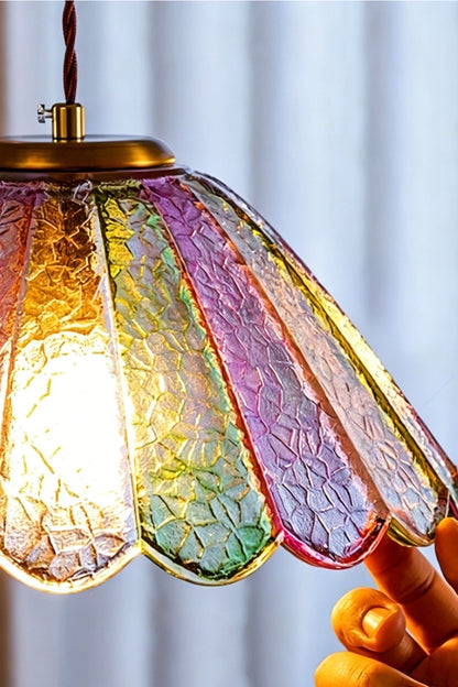 Faye Pastel Scalloped Glass Pendant Lamp | Glass, Metal | Close-up view of the illuminated multi-colored scalloped glass edge showcasing its rich texture | Detail shot | vexa lamps