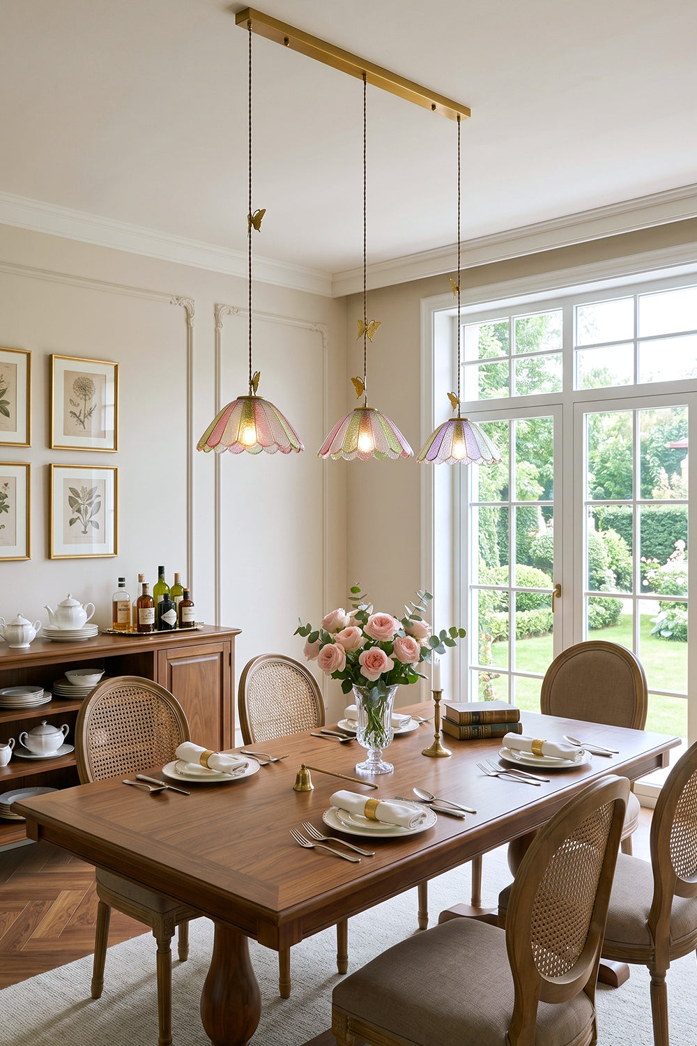 Faye Pastel Scalloped Glass Pendant Lamp | Glass, Metal | Alternate view of the 3-light linear pendant arrangement over a classic dining setup facing bright arched doors | vexa lamps
