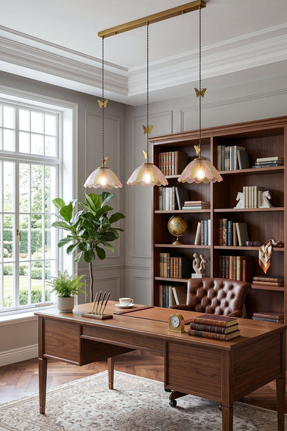 Faye Pastel Scalloped Glass Pendant Lamp | Glass, Metal | Linear multi-light variant providing warm task lighting in a classic home office library over a wooden desk | vexa lamps