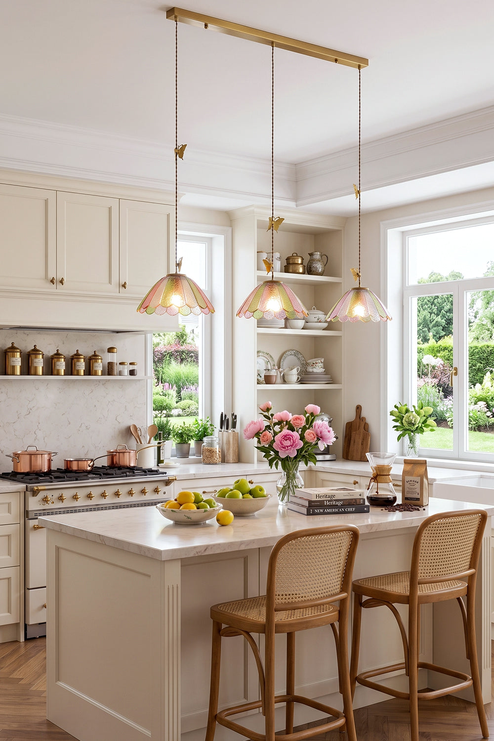 Faye Pastel Scalloped Glass Pendant Lamp | Glass, Metal | Linear 3-light pendant fixture casting a warm ambient glow over a white marble kitchen island with stools | vexa lamps