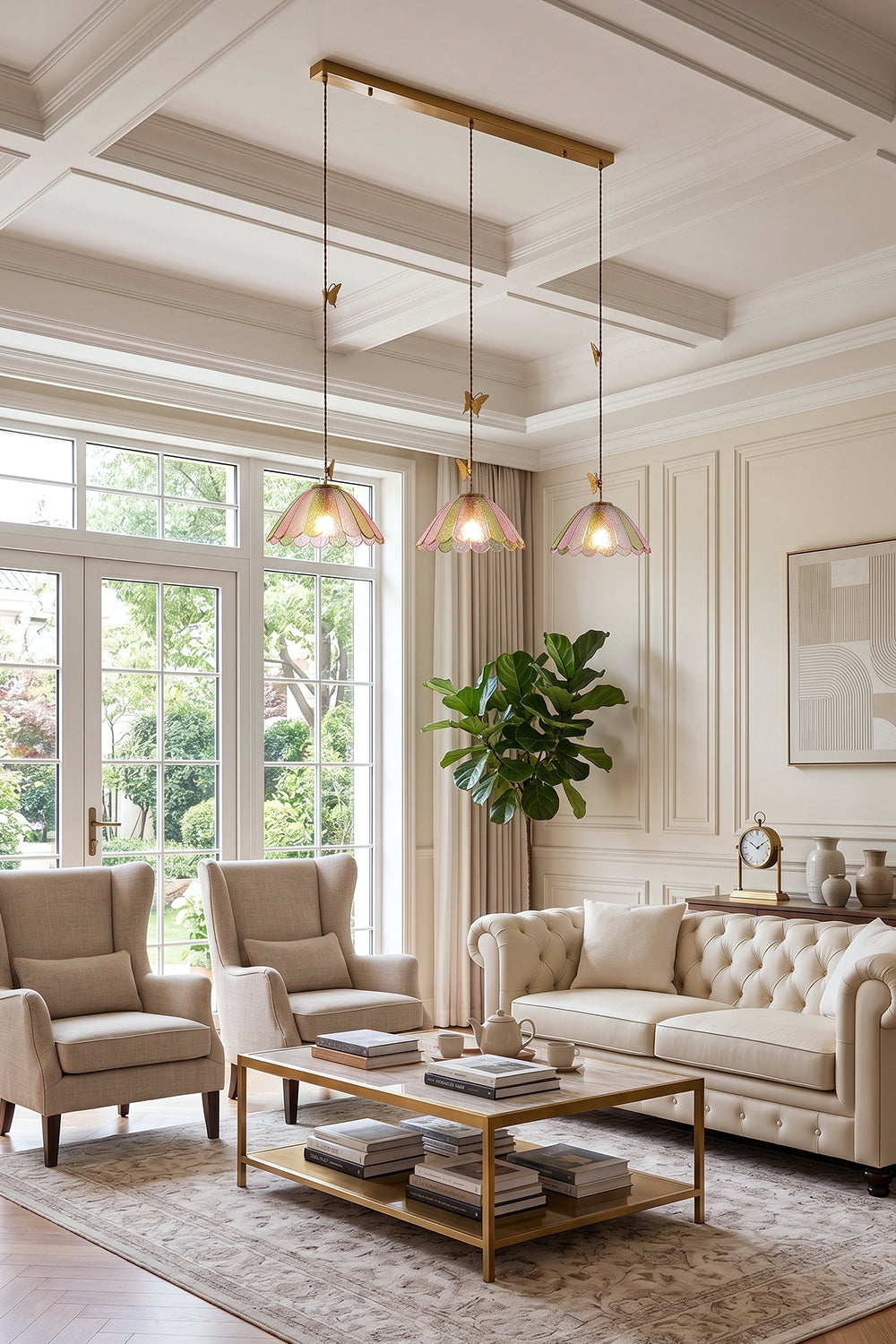 Faye Pastel Scalloped Glass Pendant Lamp | Glass, Metal | 3-light linear canopy variant installed over a wooden coffee table in a luxurious traditional living room | vexa lamps