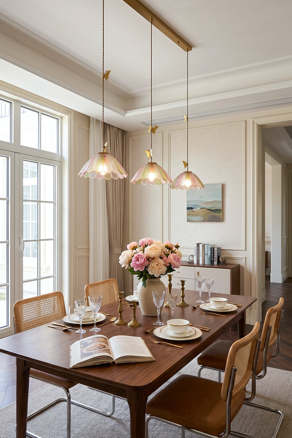 Faye Pastel Scalloped Glass Pendant Lamp | Glass, Metal | Multi-light linear pendant suspended above a dark wood dining table with elegant chairs and floral decor | vexa lamps