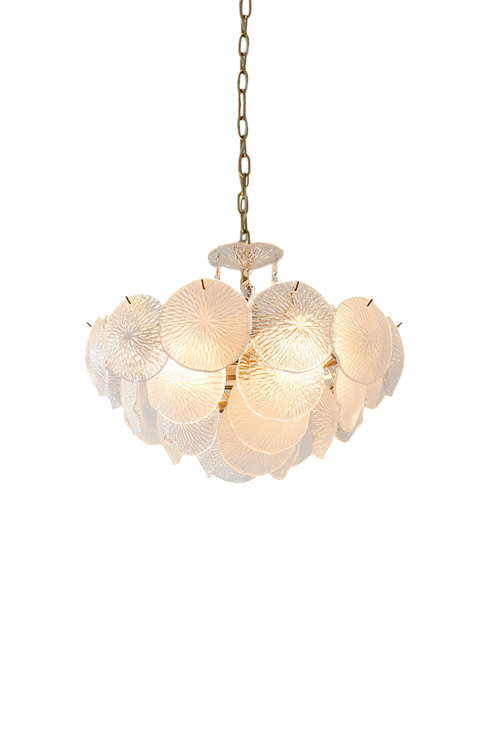 Fiore Radiance Glass Disc Chandelier featuring elegant cascading glass discs in a stylish design.