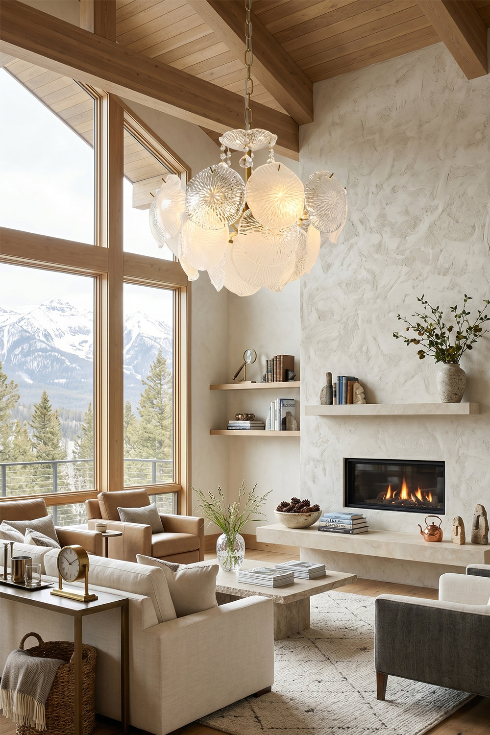 Fiore Radiance Glass Disc Chandelier illuminating a cozy living room with mountain views and modern decor.