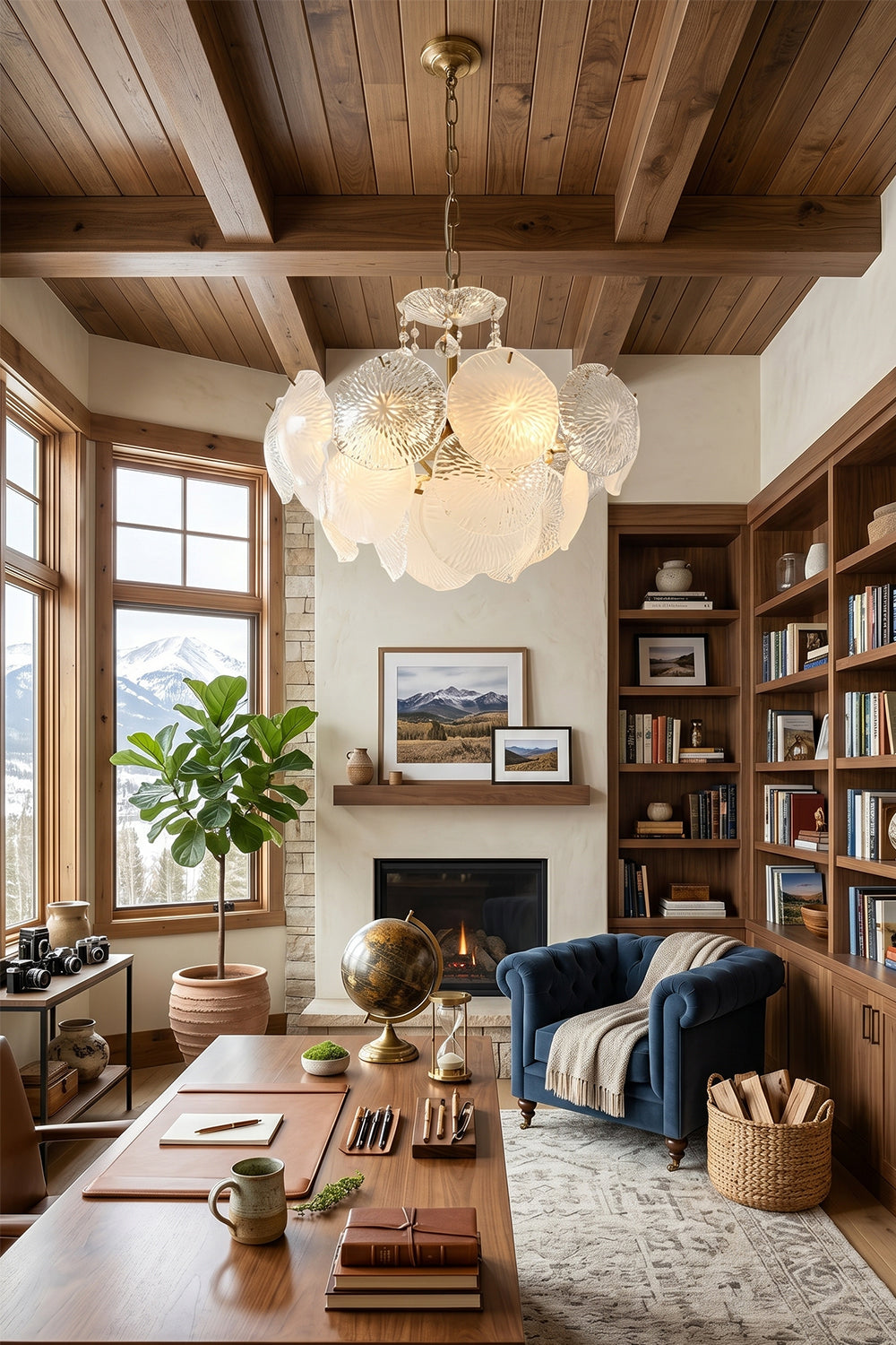 Fiore Radiance Glass Disc Chandelier illuminating a modern home office with wooden decor and natural light.