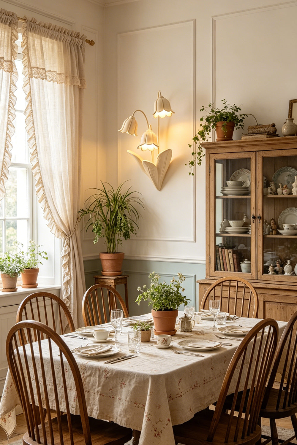 Flora Muse wall sconce over a wooden dining set | Metal, Resin | vexa lamps