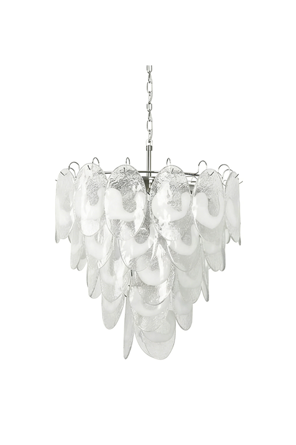 Tiered Frostelle Art Chandelier with textured glass leaves | Metal, Glass | Isolated front view on white background | vexa lamps