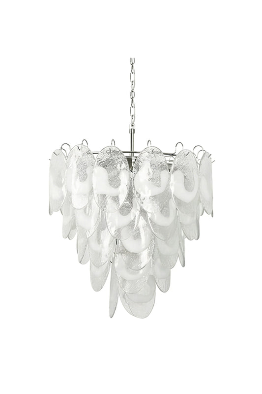 Tiered Frostelle Art Chandelier with textured glass leaves | Metal, Glass | Isolated front view on white background | vexa lamps