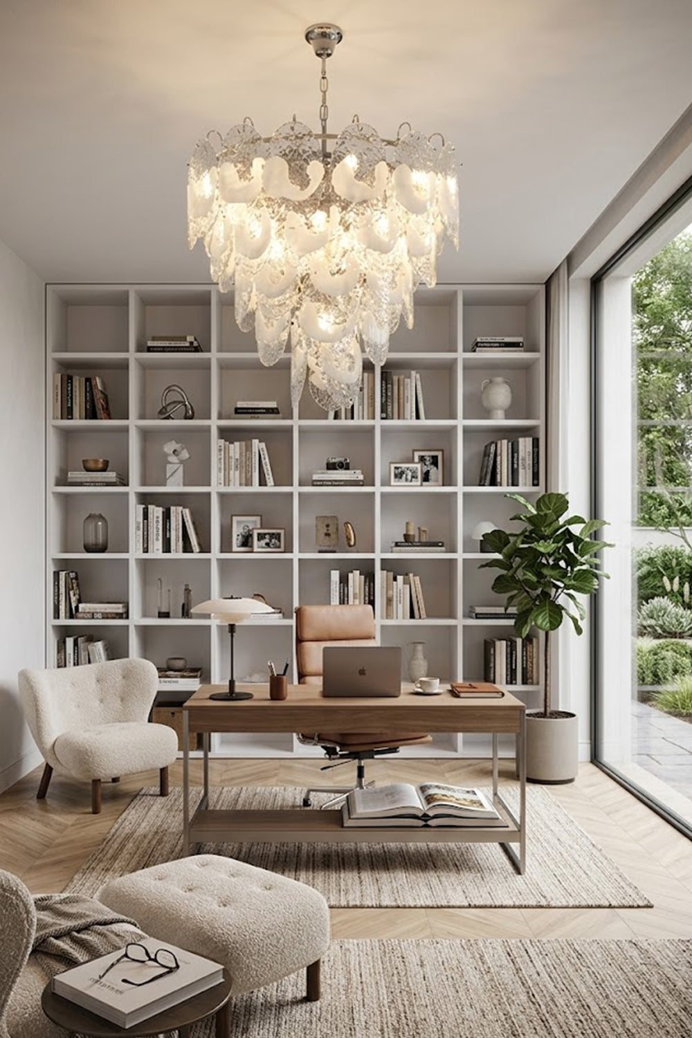 Artistic glass chandelier for home office or library | Metal, Glass | Installed in a study with a large wooden desk | vexa lamps