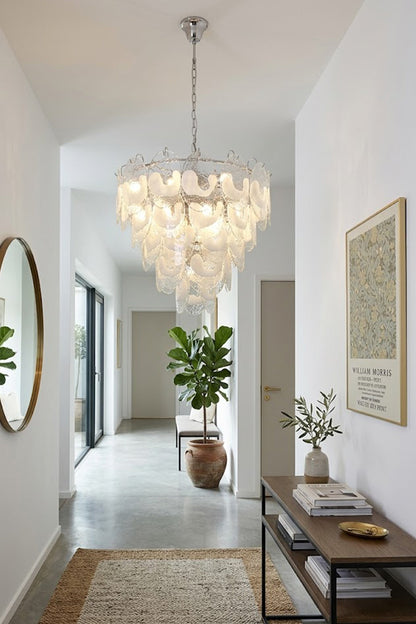 Elegant glass art chandelier at the end of a corridor | Metal, Glass | Installed over a console table in a bright hallway | vexa lamps