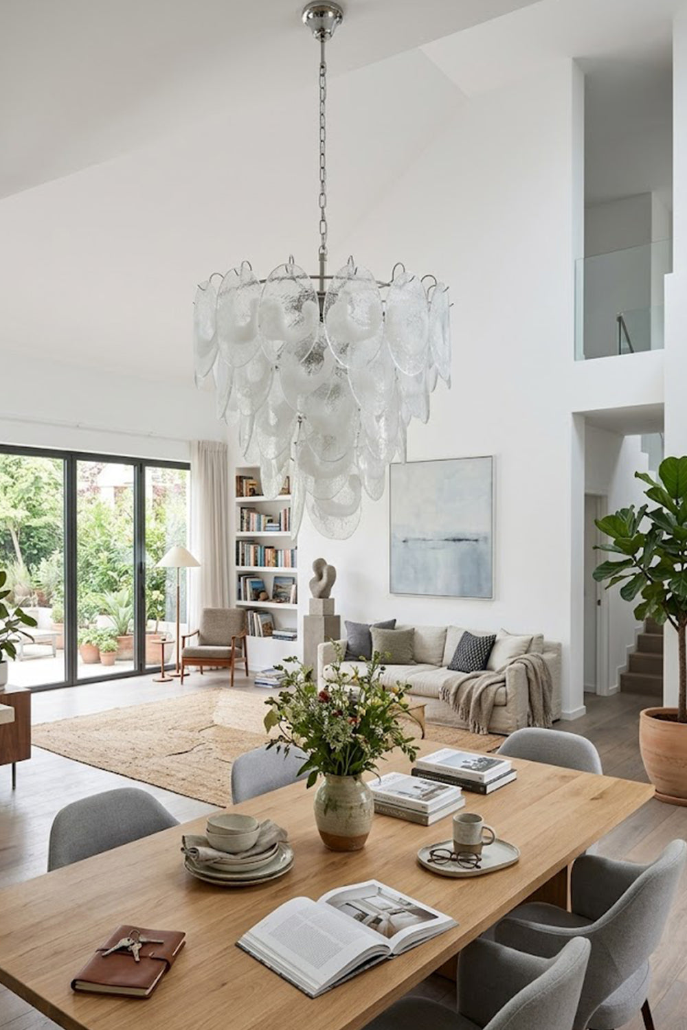 Frostelle Art Chandelier in a contemporary dining area | Metal, Glass | Bright interior shot with wooden table and plants | vexa lamps
