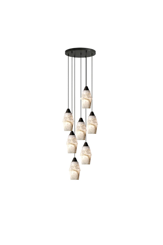 Gemma Staggered Alabaster Cluster Chandelier | Alabaster, Metal | Isolated lit view of a luxury multi-light cluster pendant chandelier featuring multiple organic rock-shaped white alabaster shades staggered from a black ceiling canopy | White background | vexa lamps