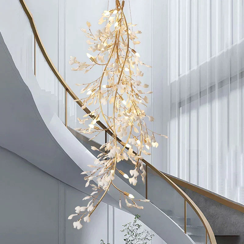 Ceramic Ginkgo Staircase Long Branch Chandelier - jchandelier