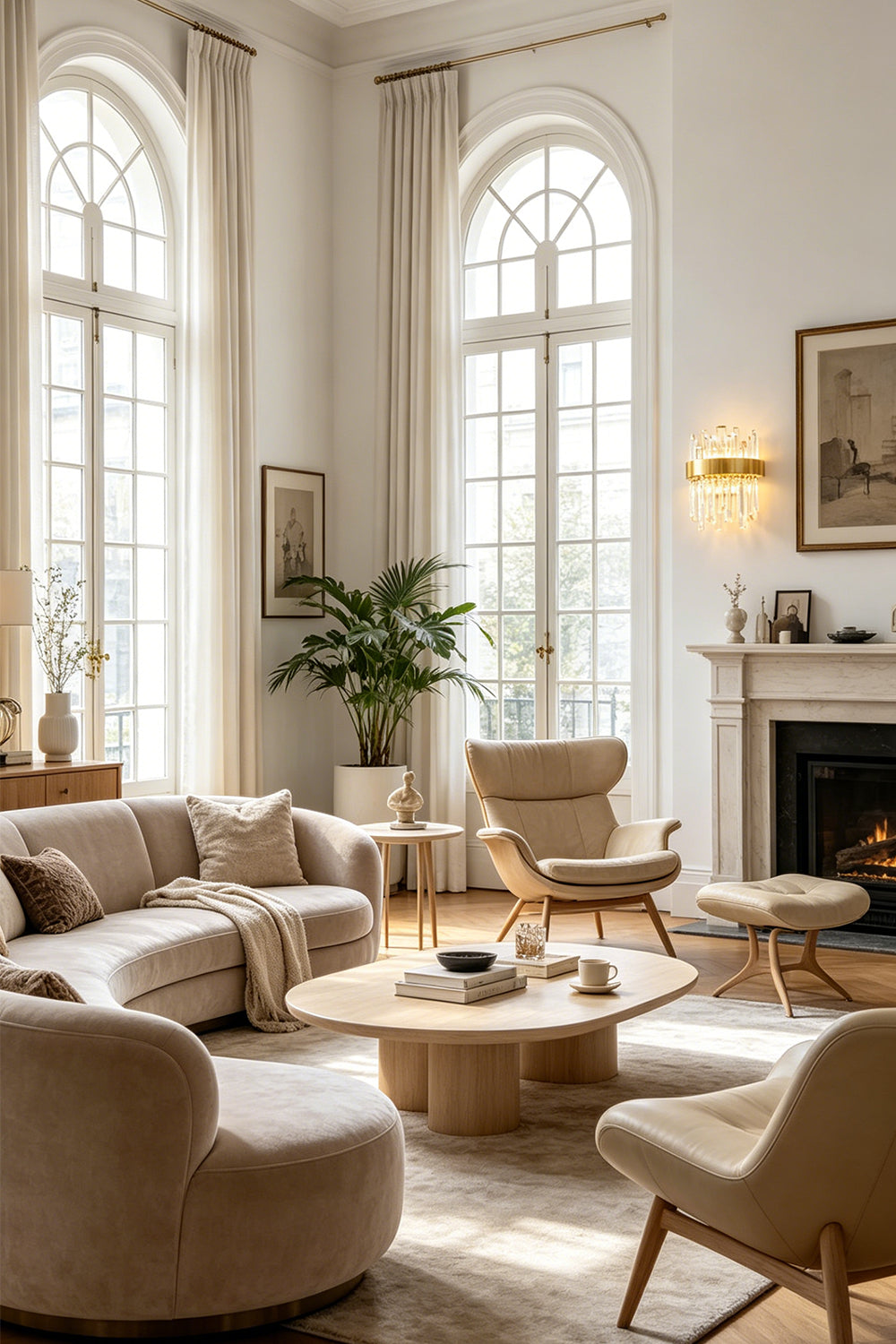 Glacia Tiered Crystal Statement Wall Lamp | Crystal, Metal | Casting a welcoming glow on the far wall of a grand high-ceiling living room featuring arched windows and cream fabric sofas | vexa lamps