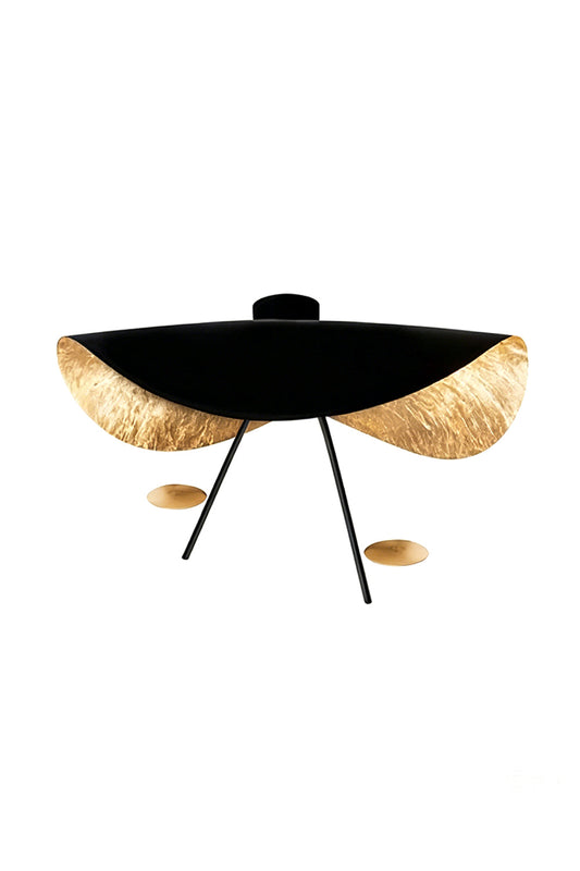 Gold-Tone Sculptural Ceiling Light featuring a wave-like design with crinkled gold interior and black exterior.