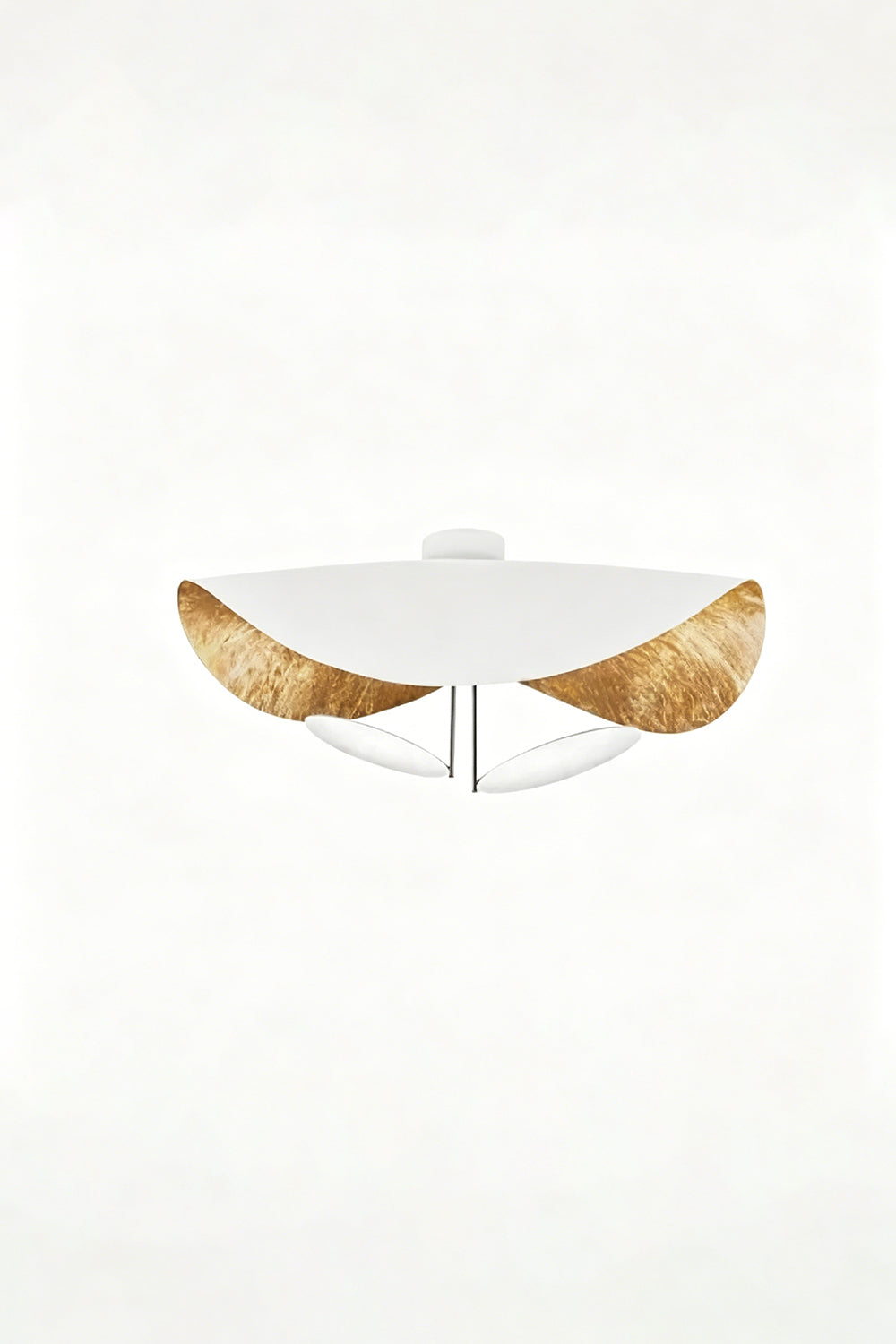 Gold-Tone Sculptural Ceiling Light with a smooth white canopy and golden accents, showcasing modern geometric design.
