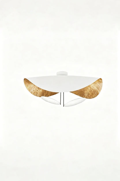 Gold-Tone Sculptural Ceiling Light with a smooth white canopy and golden accents, showcasing modern geometric design.