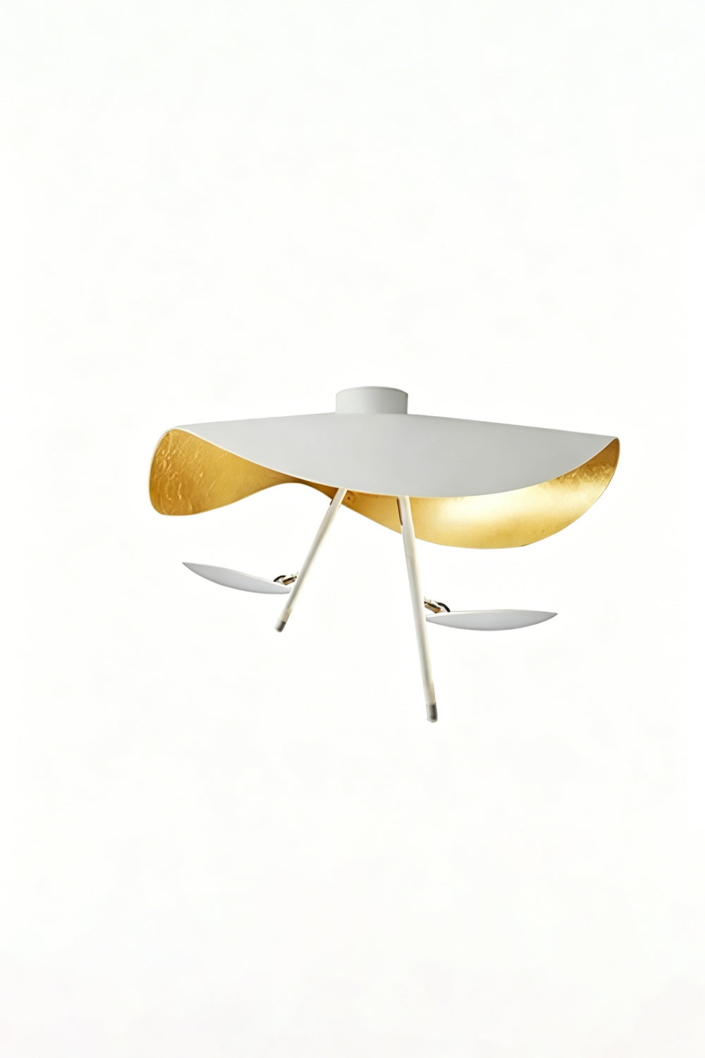 Gold-Tone Sculptural Ceiling Light featuring a wave-like design in matte white and crinkled gold finish.