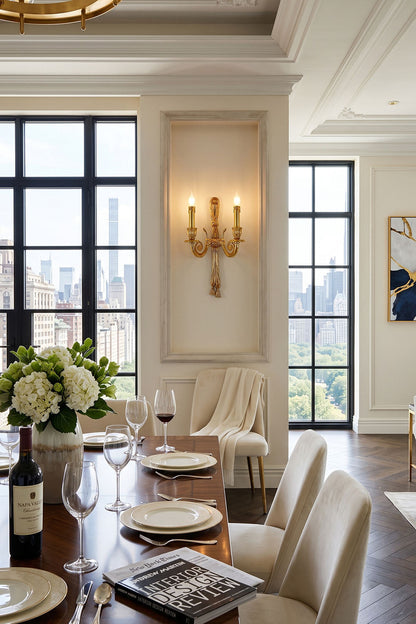 Honoria Rope and Tassel Brass Sconce | Brass and Metal | Decorating a wall between large windows in an elegant dining room | vexa lamps