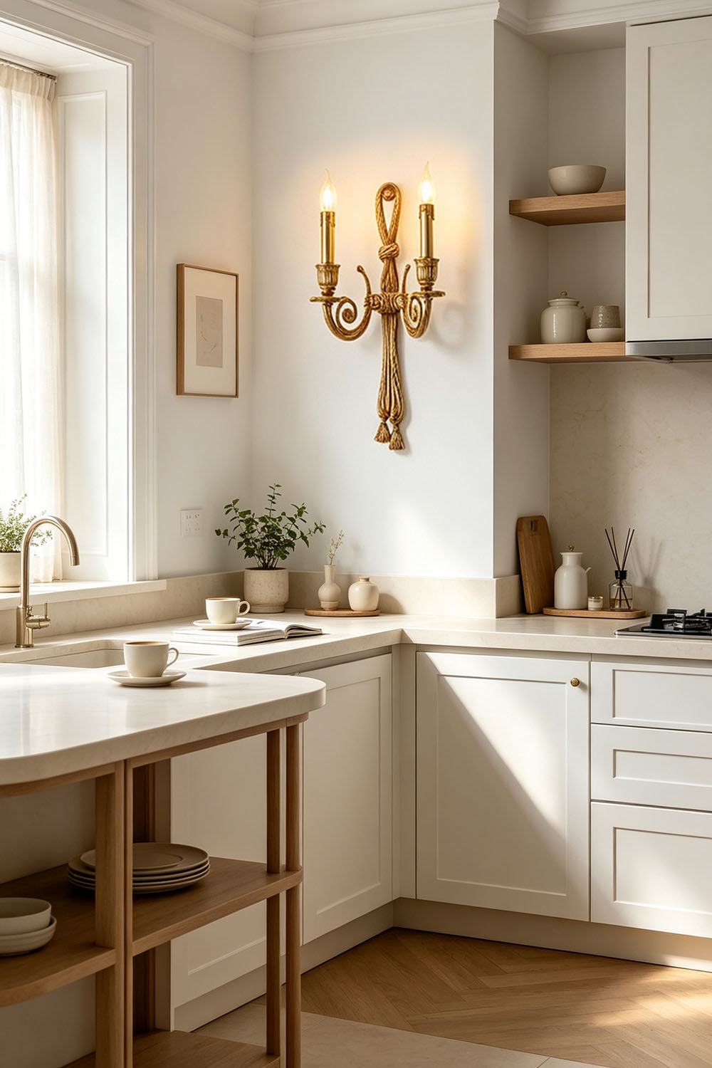 Honoria Rope and Tassel Brass Sconce | Brass and Metal | Illuminating a bright modern kitchen space above a white counter | vexa lamps
