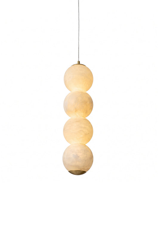 Imperial Epoch Alabaster Pendant Lamp | Metal, Alabaster | Four stacked glowing alabaster spheres with brass accents | Isolated lit product shot on white background | vexa lamps