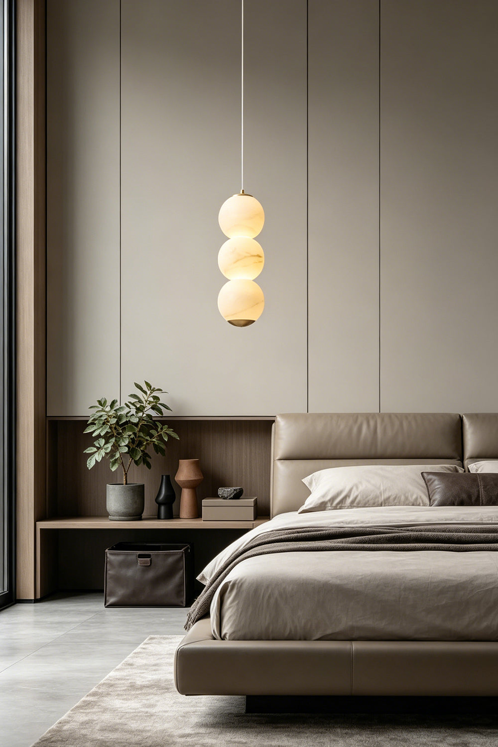 Imperial Epoch Alabaster Pendant Lamp | Metal, Alabaster | Bedside pendant lighting in a minimalist bedroom with neutral tones | vexa lamps