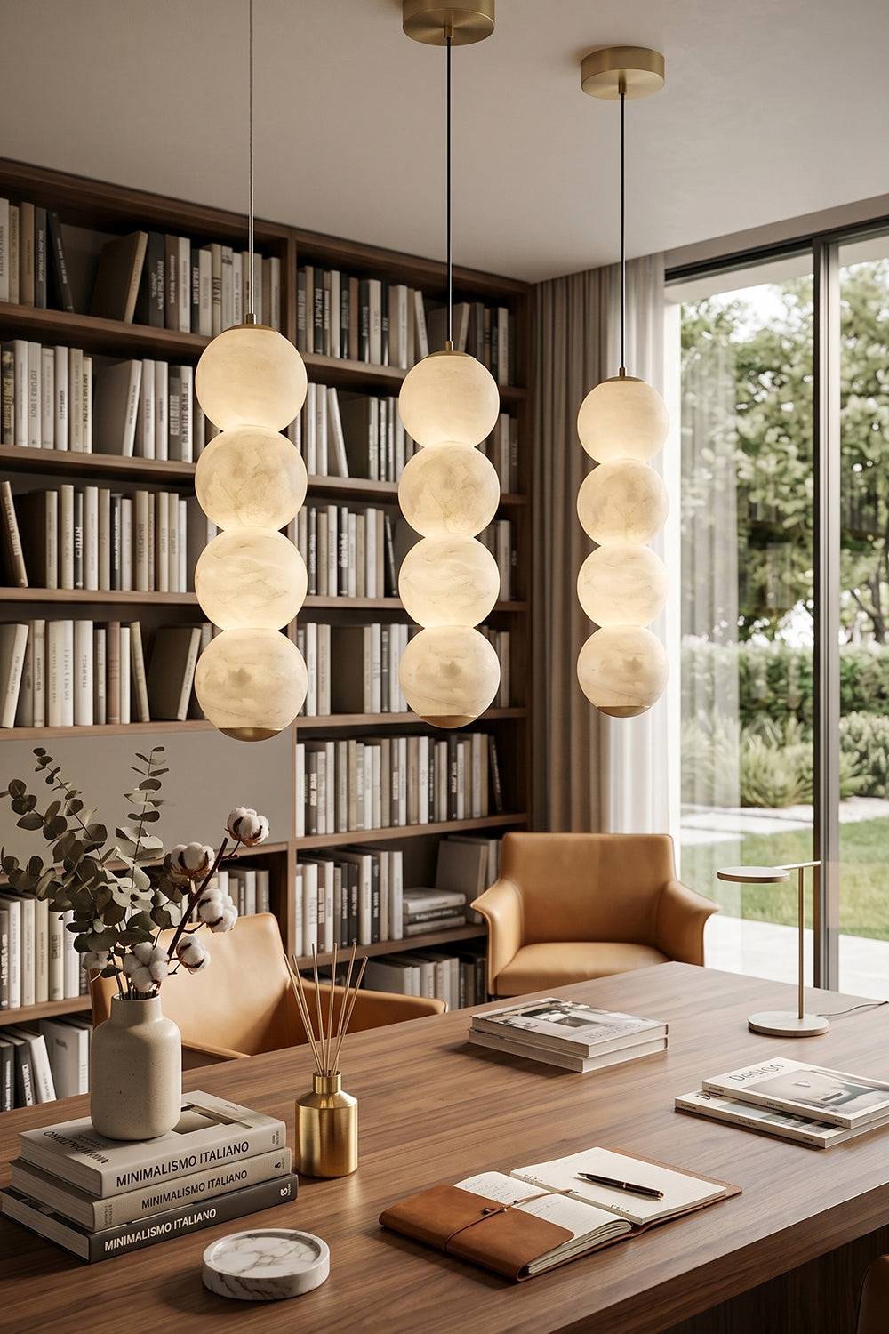 Imperial Epoch Alabaster Pendant Lamp | Metal, Alabaster | Trio of pendant lights over a large wooden desk in a modern home library | vexa lamps