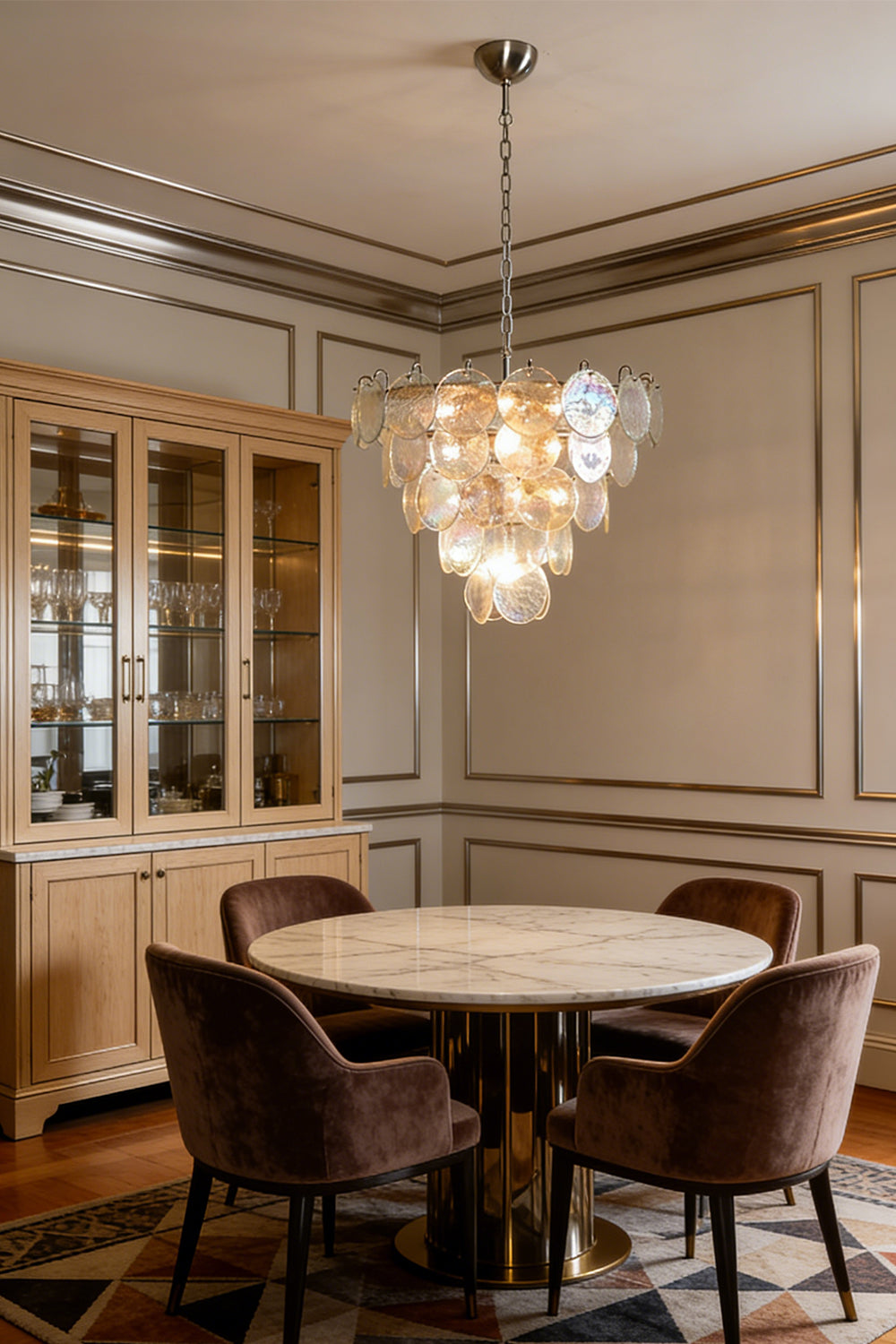 Luxury iridescent disc chandelier | Metal, Glass | Dining room interior with dark wood furniture | vexa lamps