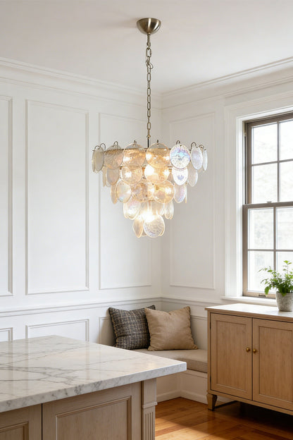 Shimmering glass disc chandelier | Metal, Glass | Hanging in a bright kitchen breakfast nook | vexa lamps