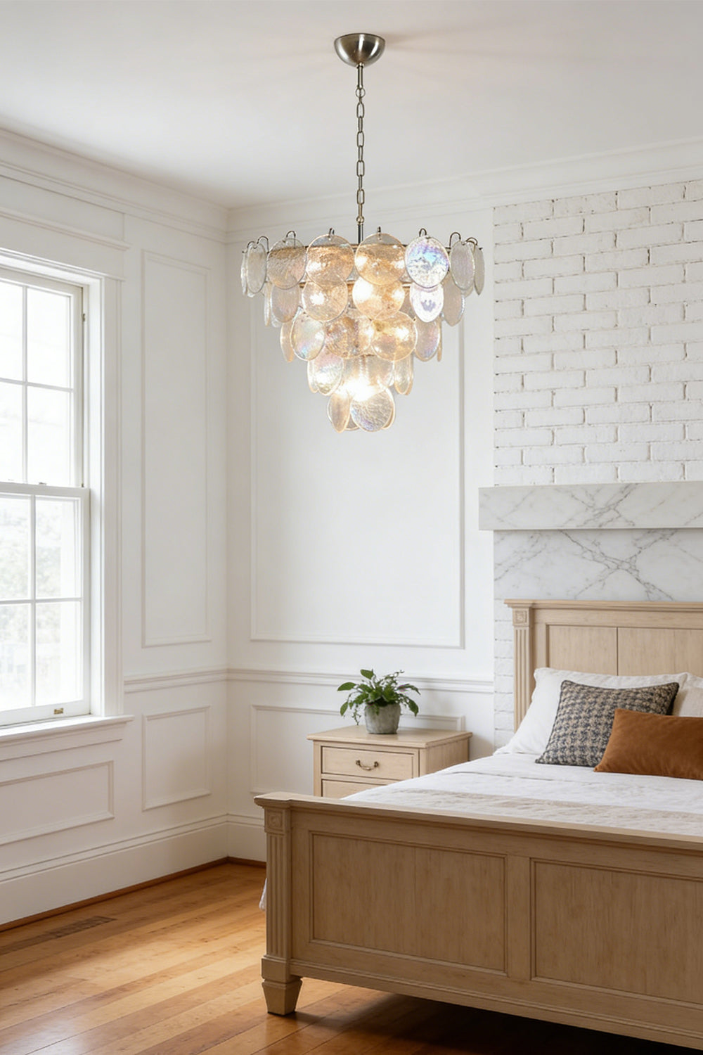 Iridescent glass disc ceiling light | Metal, Glass | Bedroom interior view with wooden furniture | vexa lamps