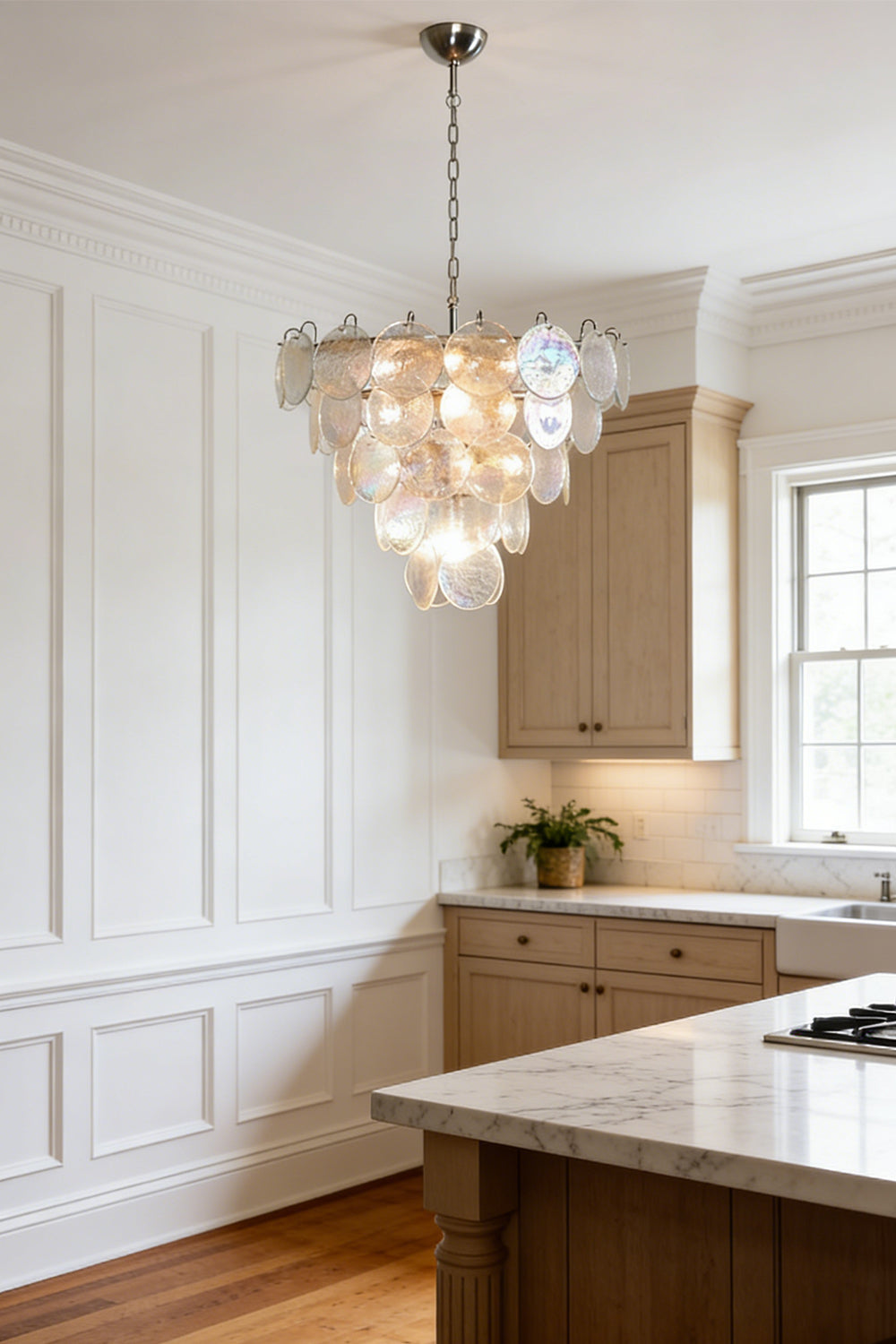 Multi-tier iridescent glass chandelier | Metal, Glass | Kitchen interior shot with white cabinetry | vexa lamps